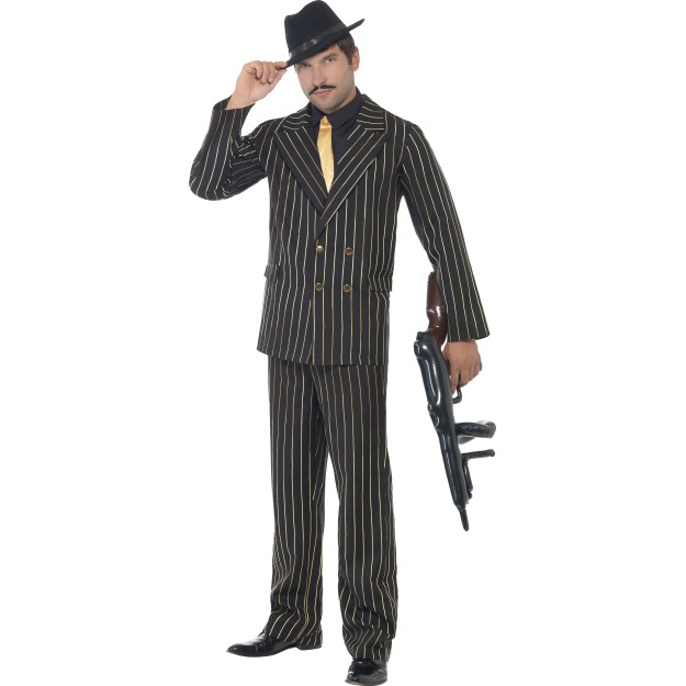 22414 - Gold Pinstripe Gangster Costume, With Jacket, Trousers, Shirt Frontand Tie