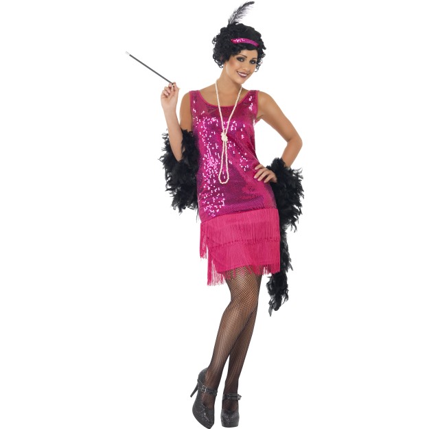 22417 - Funtime Flapper Costume, Hot Pink, With Dress, Headpiece, Necklace