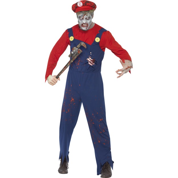 40057 - Zombie Plumber Costume, Red, With Top, Dungarees With Latex Ribcage And Hat
