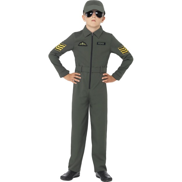 41091 - Aviator Costume, Khaki, Jumpsuit With Badges, Attached Belt And Hat
