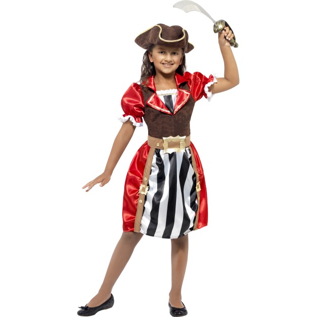 41094 - Girls Pirate Captain Costume, Red, Dress With Mock Waistcoat, Hat And Mock Belt