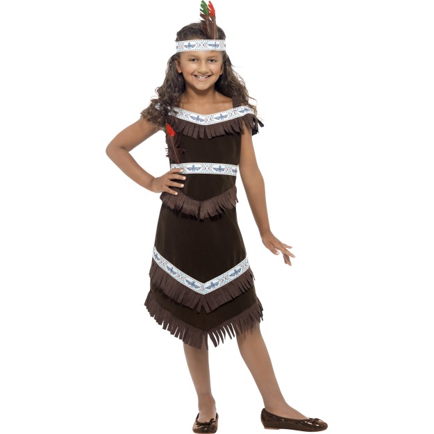 41096 - Indian Girl Costume, Brown, Fringed Dress And Feather Headband