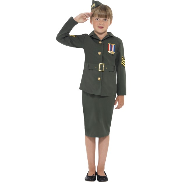 41104 - WW2 Army Girl Costume, Khaki Green, With Jacket, Skirt, Attached Belt And Hat