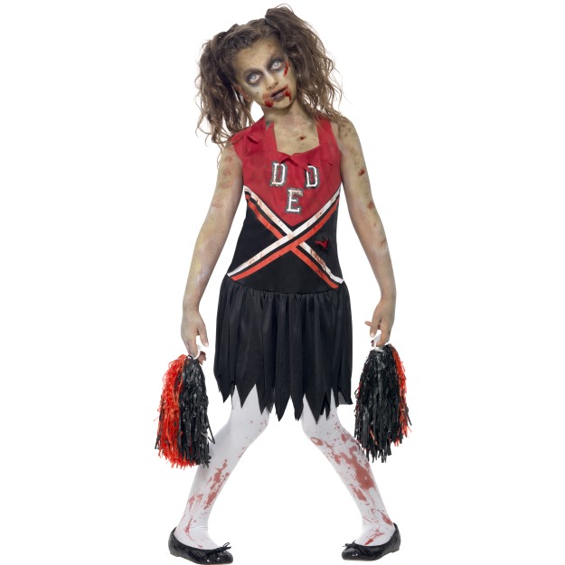 43023 - Zombie Cheerleader Costume, Red & Black, With Blood Stained Dress And Pom Poms
