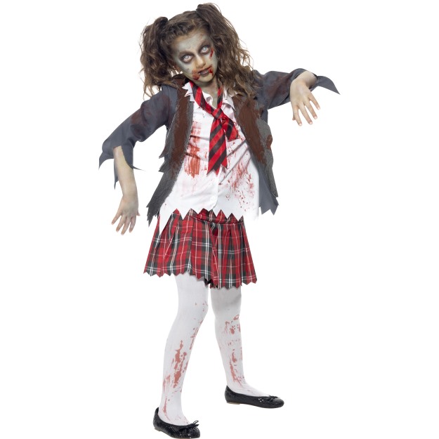43025 - Zombie School Girl Costume, Grey, Tartan Skirt, Jacket, Mock Shirt & Tie