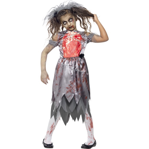 43027 - Zombie Bride Costume, Grey, Bloodied Dress With Printed Chest Piece And Veil