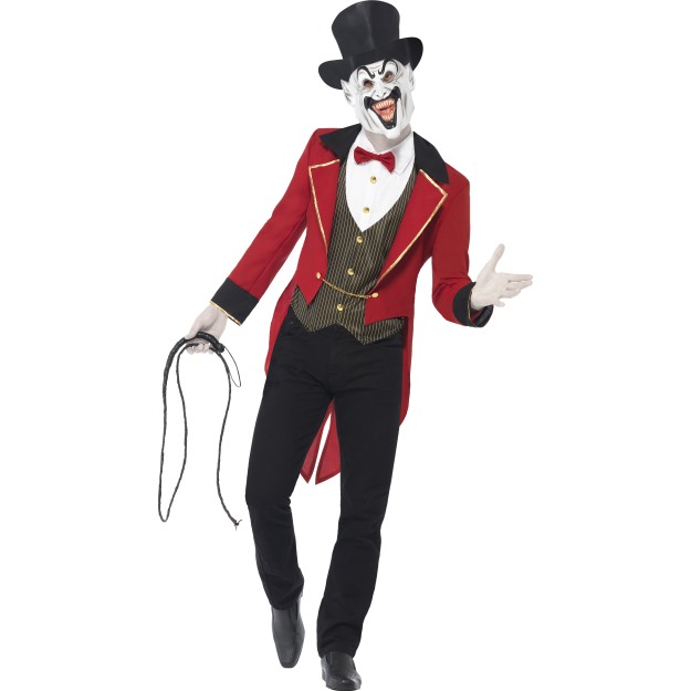 44007 - Sinister Ringmaster Costume, Red & Black, Jacket With Tails, Mock Shirt, Mask With Top Hat