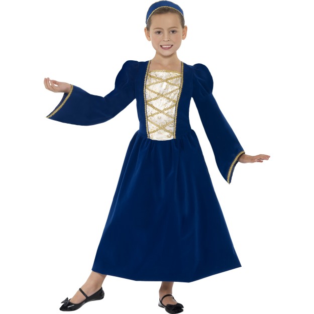 44013 - Tudor Princess Girl Costume, Royal Blue, Dress And Headband