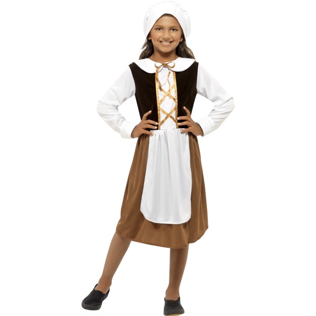 44015 - Tudor Girl Costume, Brown, With Dress, Hat And Mock Apron