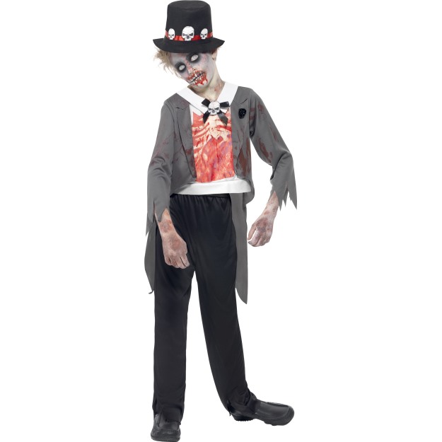 44031 - Zombie Groom Costume, Black, Jacket, Printed Mock Shirt, Trousers And Hat